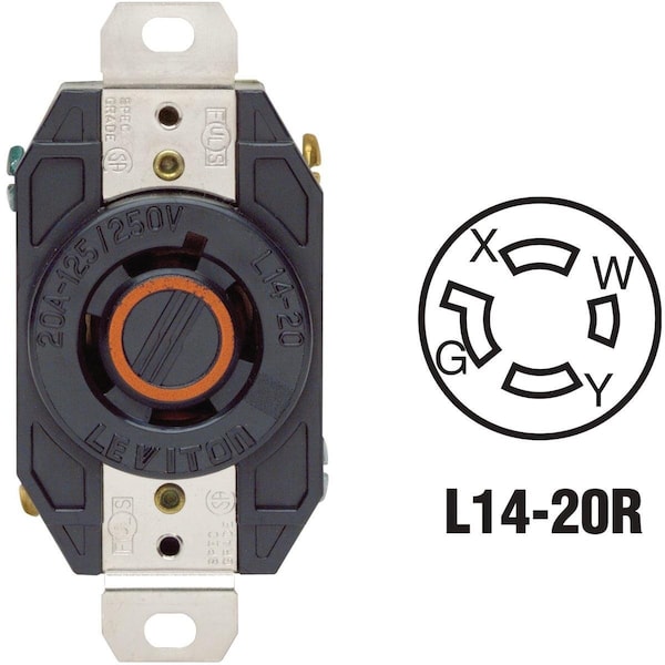 Locking Receptacle, L14-20R, 20 A, 125/250V AC, Black